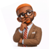 Ein cartoonhafter Avatar der einen braunen Anzug mit Krawatte trägt und eine Hand nachdenklich an das Kinn legt.