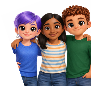 Drei farbenfroh gestaltete, animierte Figuren stehen eng beieinander, haben die Arme umeinander gelegt und wirken wie eine freundliche, zusammengeschlossene Gruppe.