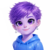 Eine cartoonartige Figur mit kurz geschnittenem, leuchtend violettem Haar trägt einen hellblauen Hoodie und steht vor einem weißen Hintergrund.