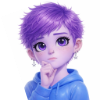 Eine cartoonartige Figur mit kurz geschnittenem, kräftig violettem Haar trägt einen hellblauen Hoodie und hält eine Hand nachdenklich an den Kinnbereich.