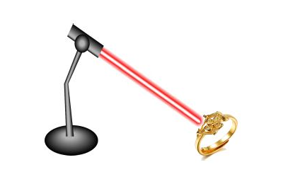 Beitrag Goldschmied Ein Gestell mit einem Laser, der einen Ring in eine Oberfläche reinlasert