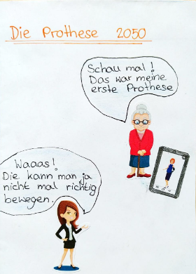 Comic über den Beruf Orthopädietechniker Zwei gezeichnete Figuren mit Sprechblasen daneben, die mit einander kommunizieren