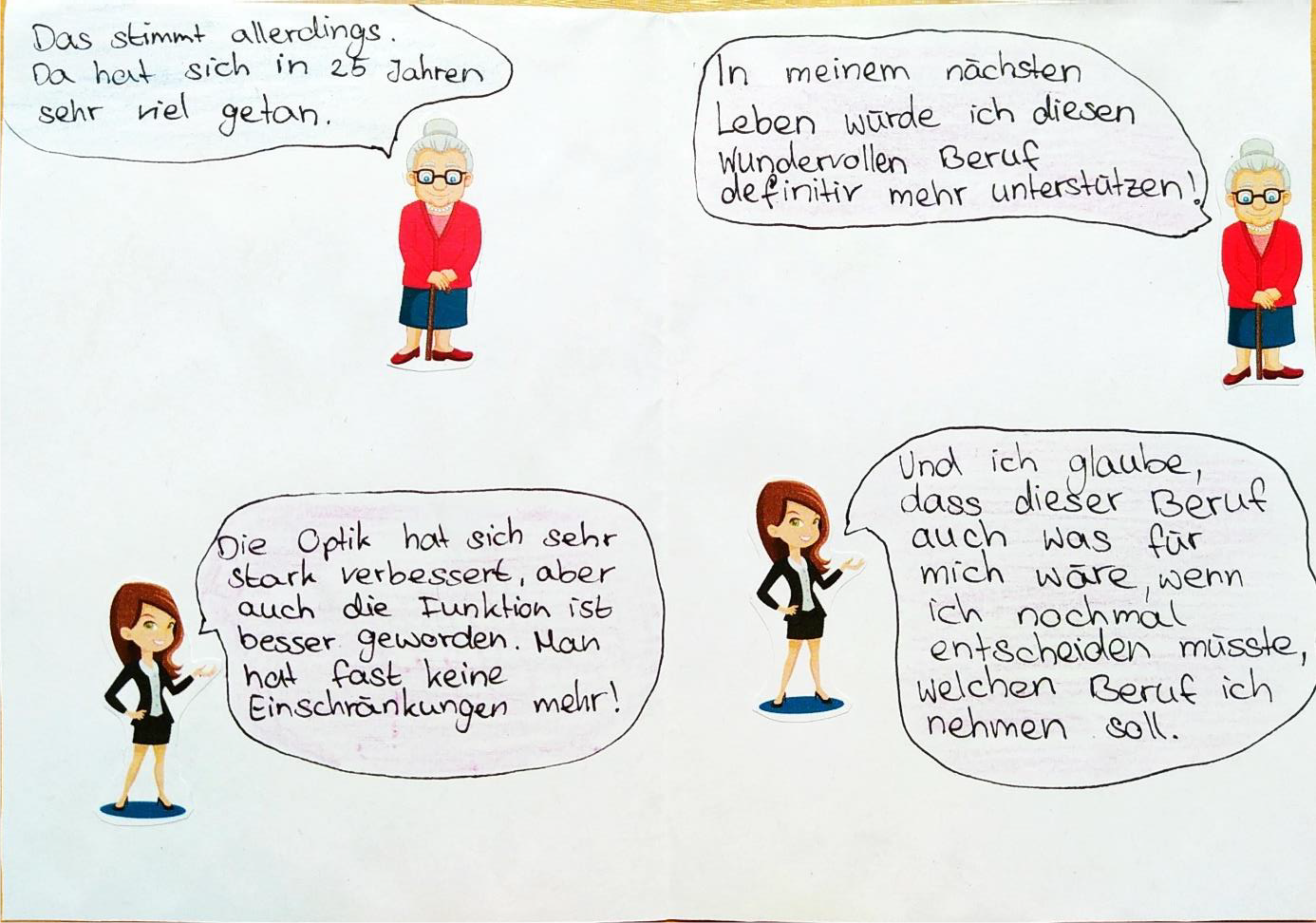 Comic über den Beruf Orthopädietechniker Vier gezeichnete Figuren mit Sprechblasen daneben, die mit einander kommunizieren