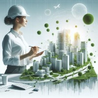Beitrag Architekt Das Bild zeigt eine Person mit einem weißen Schutzhelm und weißem Hemd, die auf ein Klemmbrett schreibt. Im Hintergrund ist eine futuristische Stadtlandschaft mit hohen Gebäuden und grünen Elementen zu sehen.