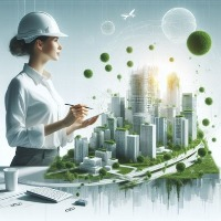 Das Bild zeigt eine Person mit einem weißen Schutzhelm und weißem Hemd, die auf ein Klemmbrett schreibt. Im Hintergrund ist eine futuristische Stadtlandschaft mit hohen Gebäuden und grünen Elementen zu sehen.