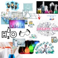 Beruf des Chemielaboranten Das Bild zeigt eine Collage mit wissenschaftlichen und chemischen Elementen, darunter Absolventen, Laborgeräte und das Wort "TRAUMJOB" umgeben von wissenschaftlichen Symbolen. Es gibt auch eine Cartoonfigur mit Schutzbrille, die einen Kolben hält.