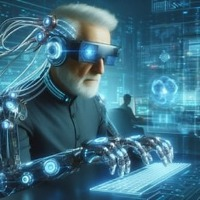 Das Bild zeigt eine Person mit kybernetischen Implantaten, die an einem Computer arbeitet. Im Hintergrund sind weitere Personen und holografische Bildschirme zu sehen.