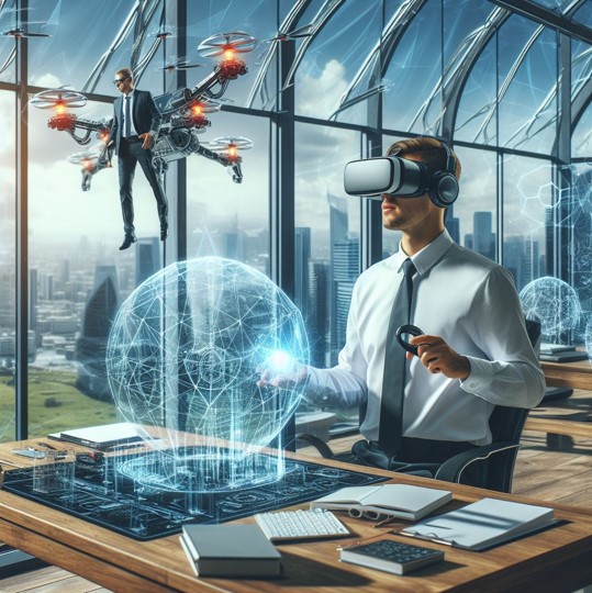 Beitrag Fachinformatiker Das Bild zeigt eine futuristische Büroszene mit einem Mann, der eine Virtual-Reality-Brille trägt und mit einem holografischen Globus interagiert, während im Hintergrund ein anderer Mann von einer Drohne getragen wird.