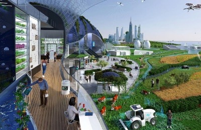 Beitrag Landwirt Das Bild zeigt eine futuristische Stadtlandschaft mit modernen Gebäuden, vertikalen Gärten und landwirtschaftlichen Flächen, auf denen Roboter arbeiten. Menschen bewegen sich durch einen überdachten Bereich mit Pflanzenwänden und digitalen Anzeigen.