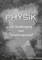 Beitrag Physiker Das Bild zeigt eine Tafel mit physikalischen Formeln und Diagrammen sowie dem Text "PHYSIK als Studiengang und Forschungsberuf Physik/ Bus P-Seminar 2023/24