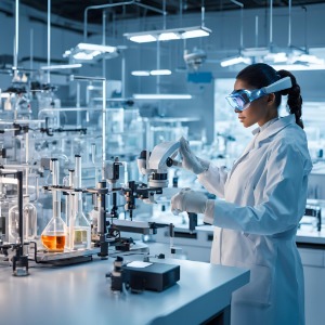 Das Bild zeigt eine Person in einem modernen Chemielabor, die in einem weißen Laborkittel mit Handschuhen an einem Mikroskop arbeitet, umgeben von Glasapparaturen, Messgeräten und Flüssigkeiten in Erlenmeyerkolben