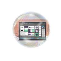 Das Bild zeigt einen Computerbildschirm innerhalb einer transparenten Kugel, auf dem eine Designsoftware mit verschiedenen grafischen Elementen und Symbolen geöffnet ist.
