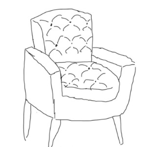 Das Bild zeigt eine einfache schwarz-weiße Skizze eines gepolsterten Sessels mit hoher Rückenlehne, Armlehnen und vier schmalen Beinen. Die Sitzfläche und Rückenlehne sind mit einer Knopfpolsterung versehen, die ein klassisches, elegantes Design andeutet.