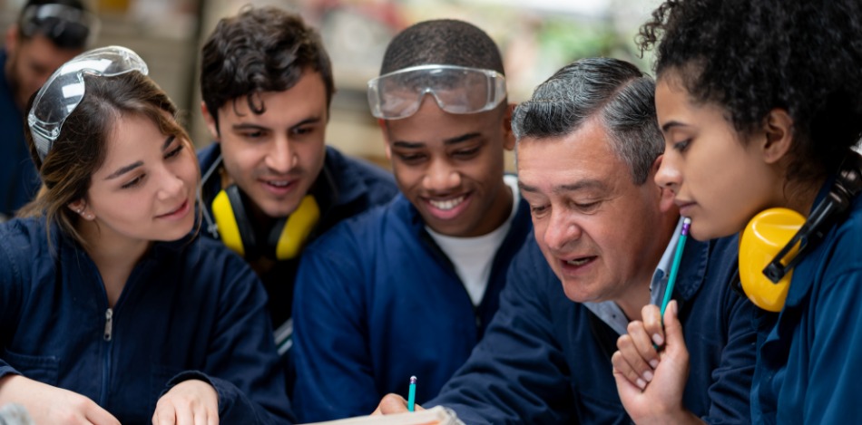 Technik-Scouts: Ausbildung Vier Auszubildende, die um ihren Ausbldungsleiter herumstehen und gespannt auf etwas vor sich schauen, zu dem der Ausbildungsleiter etwas erklärt