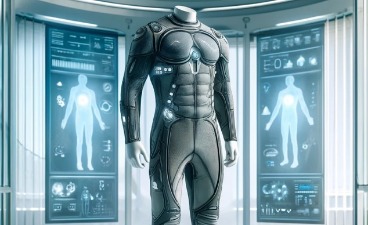 Das Bild zeigt einen futuristischen High-Tech-Schutzanzug, der auf einer beleuchteten Plattform in einem modernen, wissenschaftlich-technologischen Labor mit holografischen Anzeigen im Hintergrund präsentiert wird.