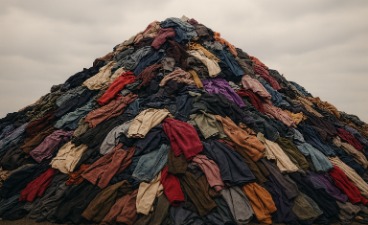Ein großer, unregelmäßig geformter Berg aus übereinandergestapelten Altkleidern in unterschiedlichen Farben und Stoffen erhebt sich unter einem grauen, wolkenverhangenen Himmel auf offenem Gelände.